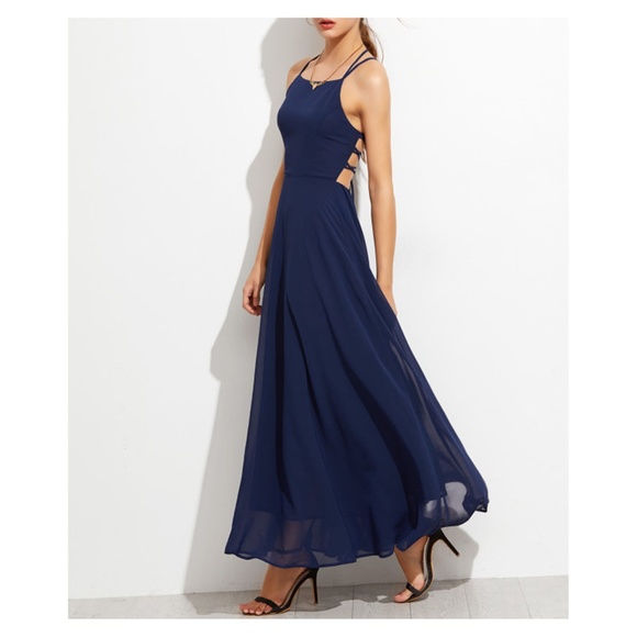 MBM Unlimited Dresses & Skirts - Navy Blue Lace Up Back Chiffon Maxi Dress